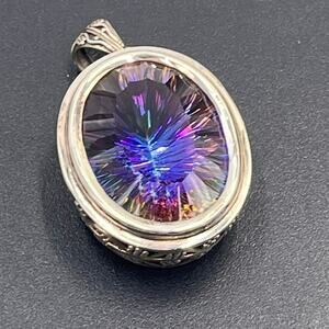 SR Mystic Oval Topaz‎ Facetted Ornate Sterling Silver 925 Pendant 31.2 grams